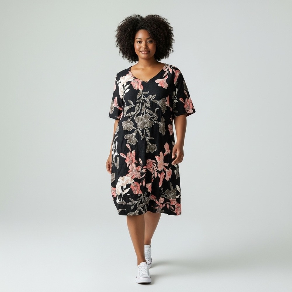 NICOLE MILLER Floral Linen Short Sleeve Dress Sz XXL‎ Loose Fit Relaxed Travel